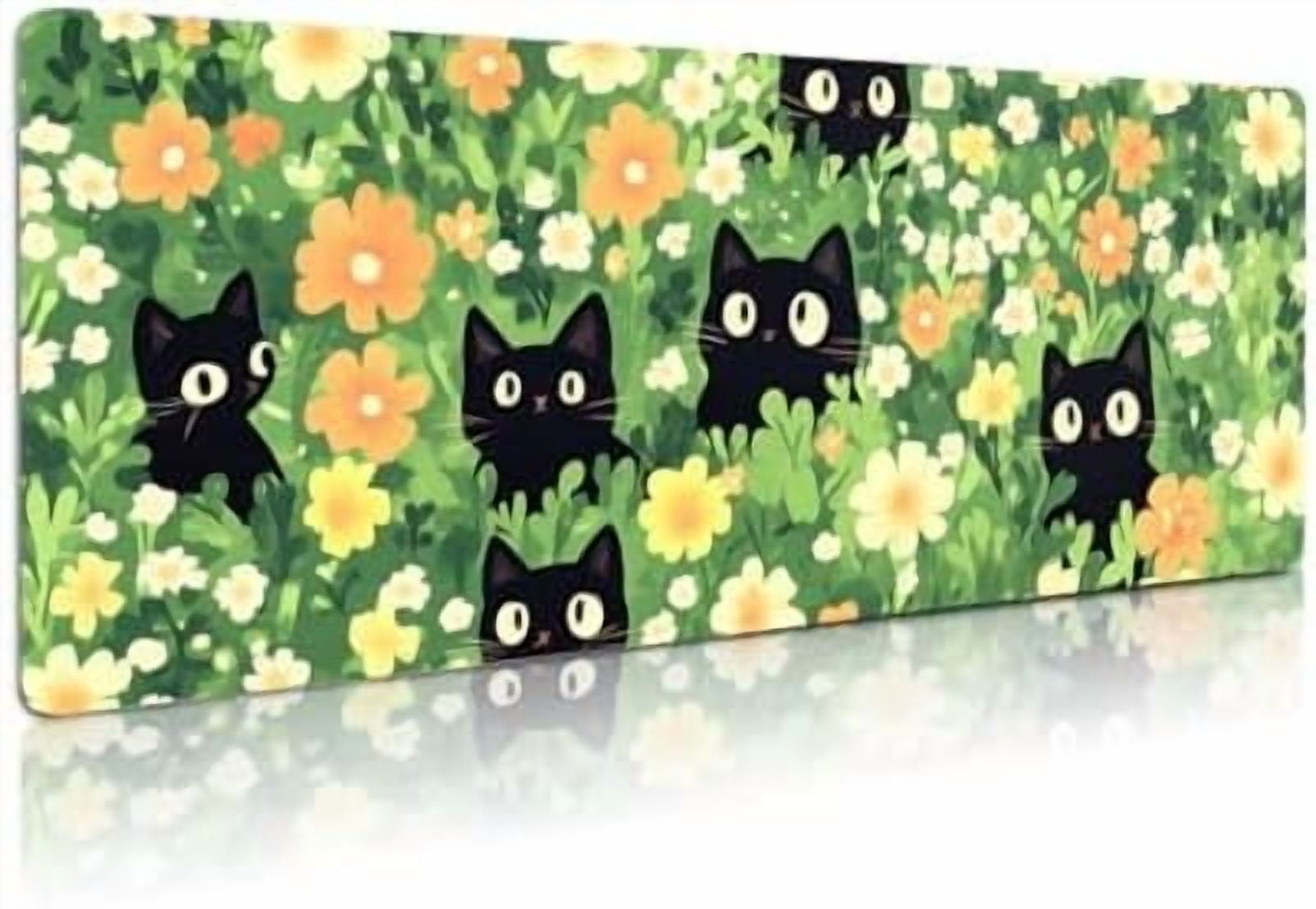 Extended Gaming Mouse Pad, Large Mouse Mat 3 mm Nature Rubber Base Mousepad with Stitched Edges, Non-Slip Desk Mat for Office Home Great Gift 31.5x11.8 Inch (Green Cats)