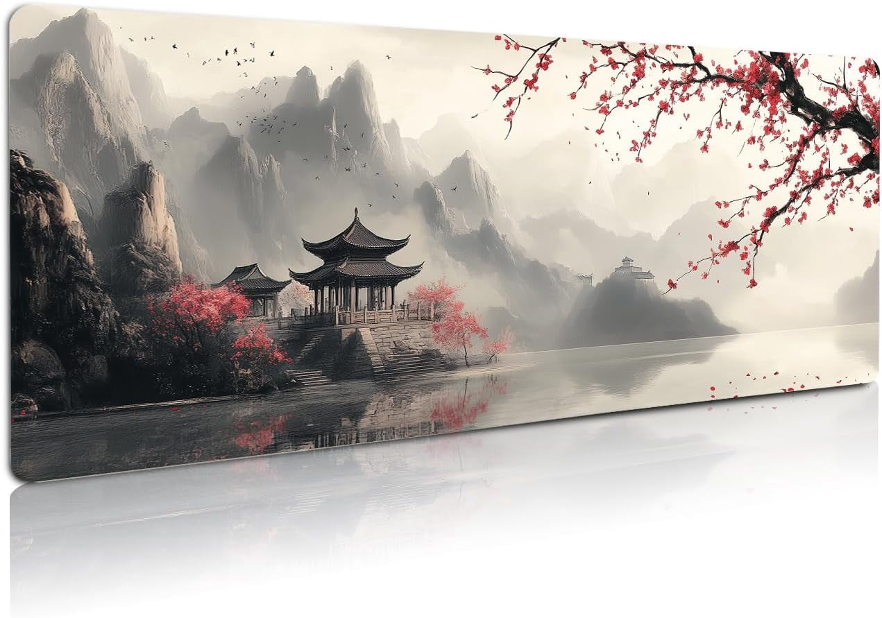 Extended Gaming Mouse Pad, Large Mouse Mat 3 mm Nature Rubber Base Mousepad with Stitched Edges, Non-Slip Desk Mat for Office Home Great Gift 31.5x11.8 Inch (Japanese Watercolor)