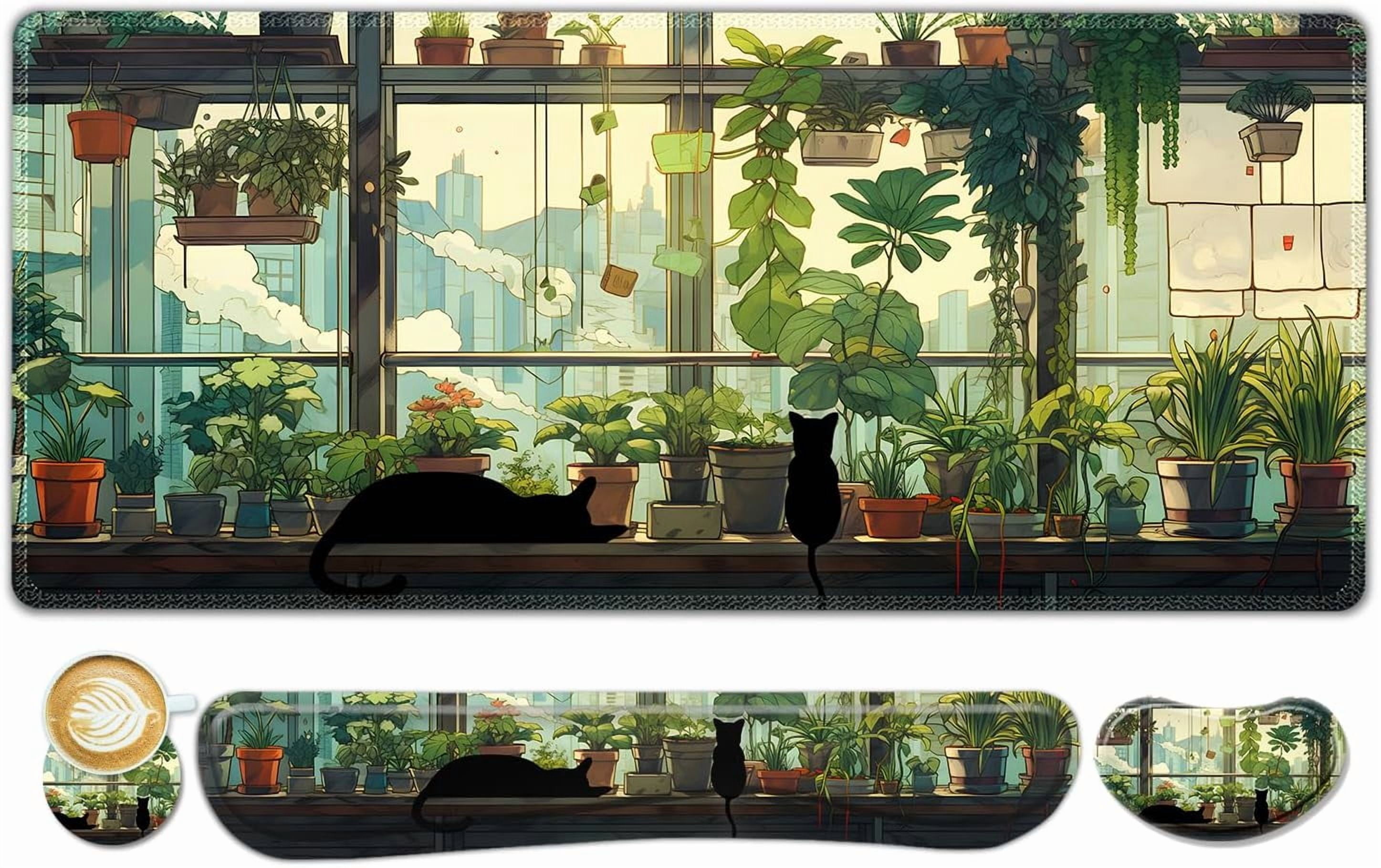 Extended Gaming Mouse Pad, Memory Foam Ergonomic Keyboard Mouse Wrist Rest Support Set, Large Desk Mat with Stitched Edges, Non-Slip Base Mousepad Home Office, Cute Green Japanese Kawaii Cat