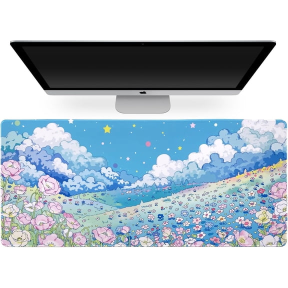 Extended Gaming Mouse Pad - Non-Slip Water-Resistant Rubber Base Computer Keyboard Mouse Mat, 335.4 x 15.7 inch, 3 mm Thick for Work & Game, Wildflowers