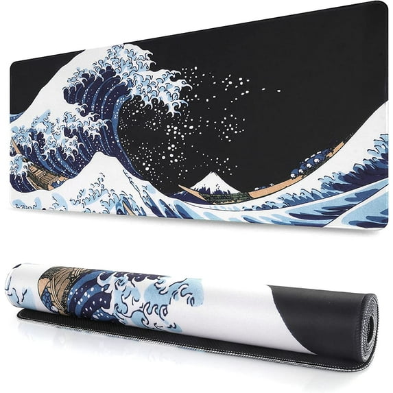 Extended Gaming Mouse Pad - Non-Slip Water-Resistant Rubber Base Computer Keyboard Mouse Mat, 35.1x15.75inch XXL Large Anime Mouse Pad for Desk Computer Office Gaming, Sea Wave