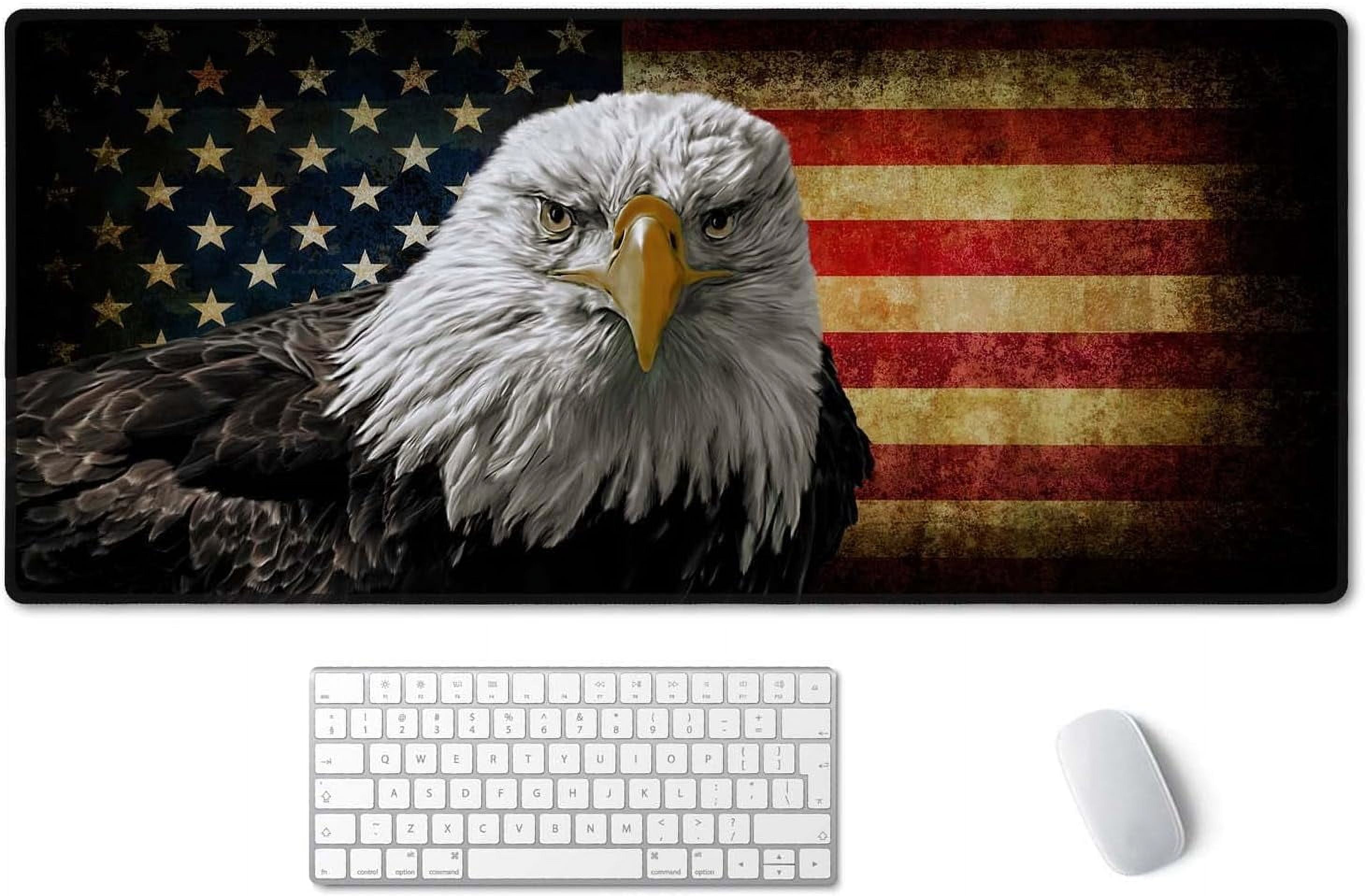 Extended Gaming Mouse Pad - Non-Slip Water-Resistant Rubber Base Computer Keyboard Mouse Mat, 35.4x15.7-inch XX-Large Desk Mat, Ideal Partner for Work & Game, American Bald Eagle on Grunge Flag