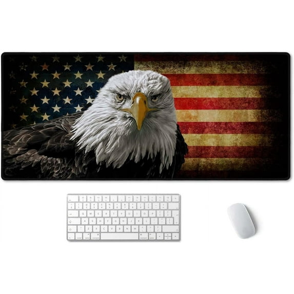 Extended Gaming Mouse Pad - Non-Slip Water-Resistant Rubber Base Computer Keyboard Mouse Mat, 35.4x15.7-inch XX-Large Desk Mat, Ideal Partner for Work & Game, American Bald Eagle on Grunge Flag