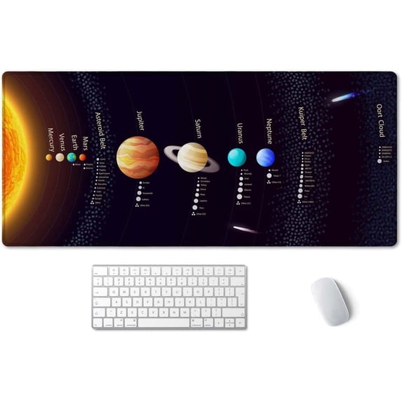 Extended Gaming Mouse Pad XXL ArtSo Large Keyboard Mat Long Mousepad Desk Decor Writing Pad Non Slip Rubber Base Stitched Edges for Work, 35.5" x 15.7", Solar System with Scientific Information