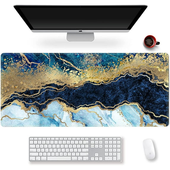 Extended Gaming Mouse Pad XXL Large Keyboard Mat Long Mousepad Desk Decor Writing Pad Non Slip Rubber Base Stitched Edges for Work, Game, Office, Home, 35.1" x 15.7" , Blue Marble
