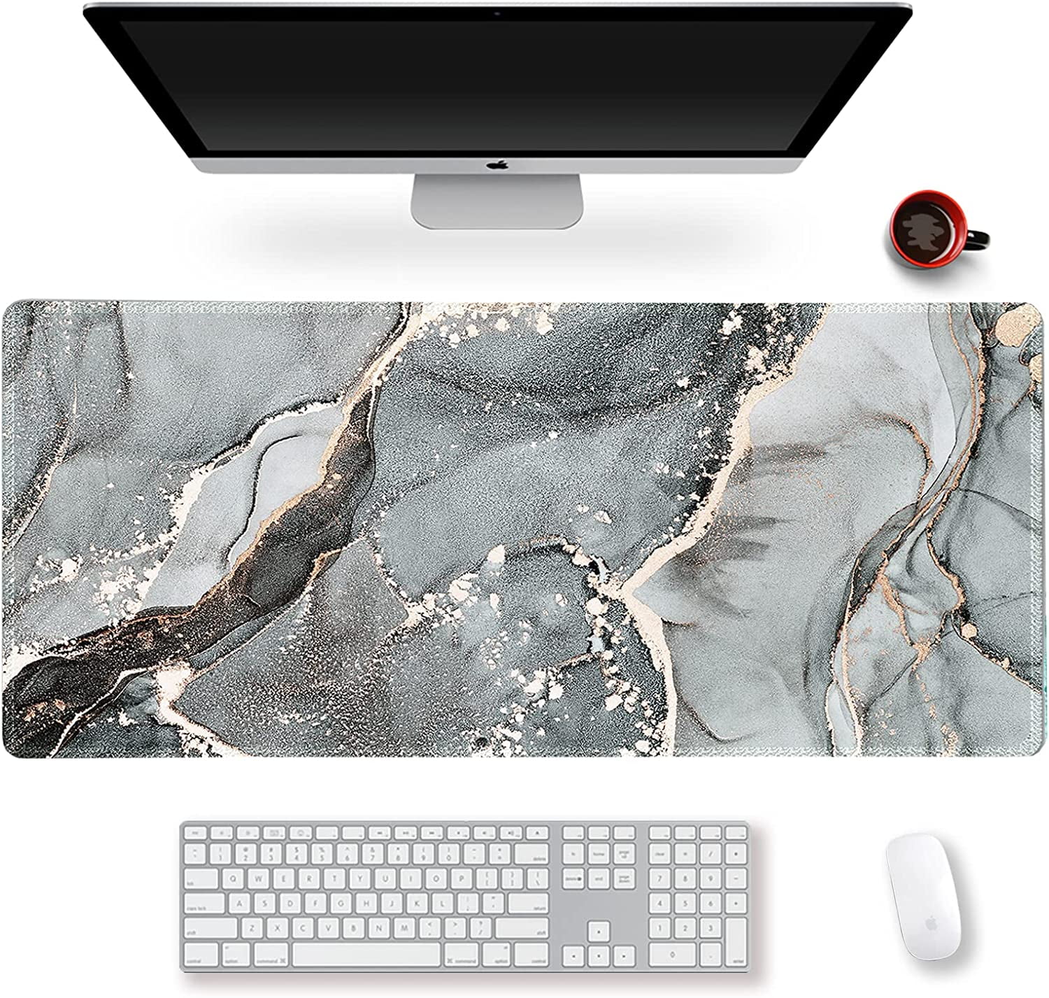 Extended Gaming Mouse Pad XXL Large Keyboard Mat Long Mousepad Desk Decor Writing Pad Non Slip Rubber Base Stitched Edges for Work, Game, Office, Home, 35.1" x 15.7" , Green Blue Marble