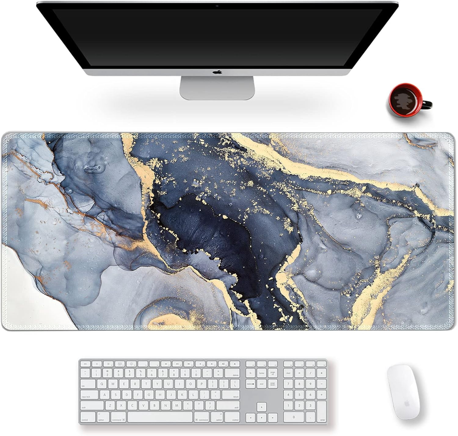 Extended Gaming Mouse Pad XXL Large Keyboard Mat Long Mousepad Desk Decor Writing Pad Non Slip Rubber Base Stitched Edges for Work, Game, Office, Home, 35.1" x 15.7", Gilt Marble