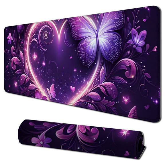 Extended Gaming Mouse Pad XXL  Large Keyboard Mat Long Mousepad Desk Decor Writing Pad Non Slip Rubber Base Stitched Edges for Work, Game, Office, Home,, Purple Heart Butterfly