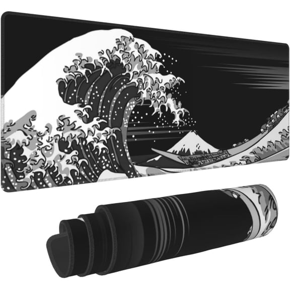 Extended Large Gaming Mouse Pad 31.5x11.8 in Desk Mat Mouse Pads，Japanese Sea Wave Laptop Mousepad PC Keyboard Waterproof and Non-Slip XL Rubber Table Mat Black and White Kanagawa Surfing