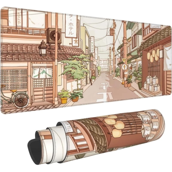 Extended Large Gaming Mouse Pad 31.5x11.8 in Kawaii Desk Mat XL Mouse Pads, Japanese Tokyo Street Laptop Mousepad PC Keyboard Waterproof and Non-Slip XL Rubber Table Mat Beige Desktop Mat