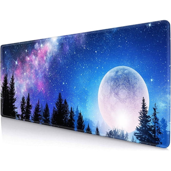 Extended Large Mouse Pad for Desk Mat, Office Non-Slip Rubber Base Big Keybord Desk Pad for Computer, PC, Laptop 31.5x11.8 inch (Full Moon and Starry Night)