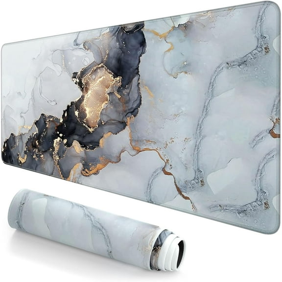 Extended Large Mouse Pad, XXL Gaming Desk Pad 31.5 x 15.7 Inch, Big Computer Keyboard Mousepad, Waterproof Mouse Mat with Stitched Edges and Non-Slip Base for Office Gaming, Gray Ink Marble
