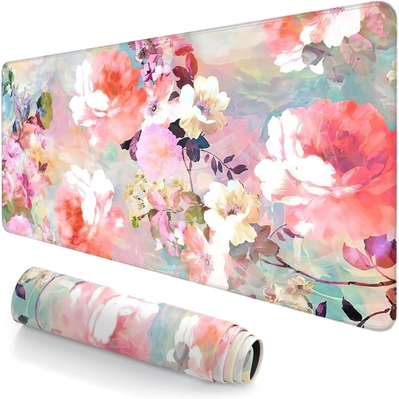 Extended Large Mouse Pad, XXL Gaming Mousepad 31.5 x 15.7 Inch, Big Computer Keyboard Desk Pad, Waterproof Mouse Mat with Stitched Edges and Non-Slip Base for Office Gaming, Flower