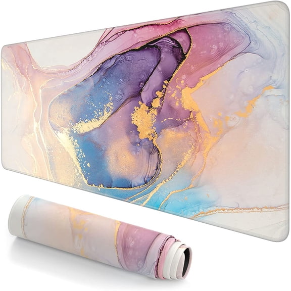 Extended Large Mouse Pad, XXL Gaming Mousepad 31.5 x 15.7 Inch, Big Computer Keyboard Desk Pad, Waterproof Stitched Edges and Non-Slip Base for Office Gaming, White Pink Marble
