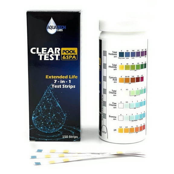 Extended Life 7-Way Pool and Spa Water Test Strips - Accurate Testing for Total Hardness, Total Alkalinity, Cyanuric Acid, Total Chlorine, Free Chlorine, Bromine, and pH - 150 Strips