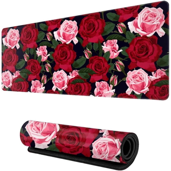 Extended Long Cute Large Mouse Pad, Vintage Roses Floral Gaming Mousepad Laptop Pad, XL Big Full Flower Table Mat Desk Mat for Desktop and Keyboard for Women Office Gifts, (Red and Pink 31.5*11.8 in)