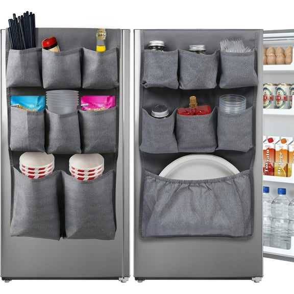 Extended Length Fridge Organizer, 65 x 12.6 Inch Hanging Storage Caddy with 15 Pockets, Fits Most Dorm and Office Refrigerators(Grey)
