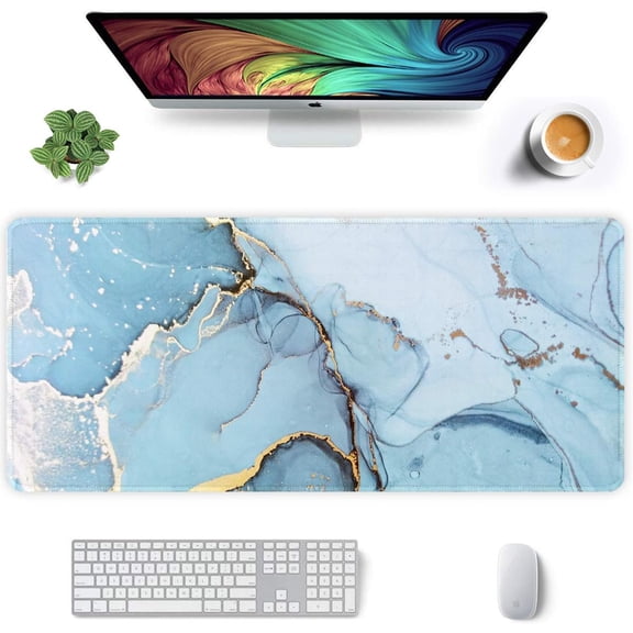 Extended Mouse Pad, XXL Gaming Mouse Pads, Large Big Mousepad Laptop Computer Keyboard Mat Desk Pad with Non-Slip Base and Stitched Edge for Gaming Office, 35.5 x 15.7 inch, Green Marble