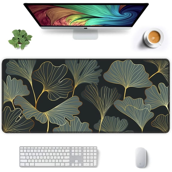 Extended Mouse Pad, XXL Gaming Mouse Pads, Large Big Mousepad Laptop Computer Keyboard Mat Desk Pad with Non-Slip Base Stitched Edge for Gaming Office, 35.5 x 15.7 inch, Gold Line Leaves