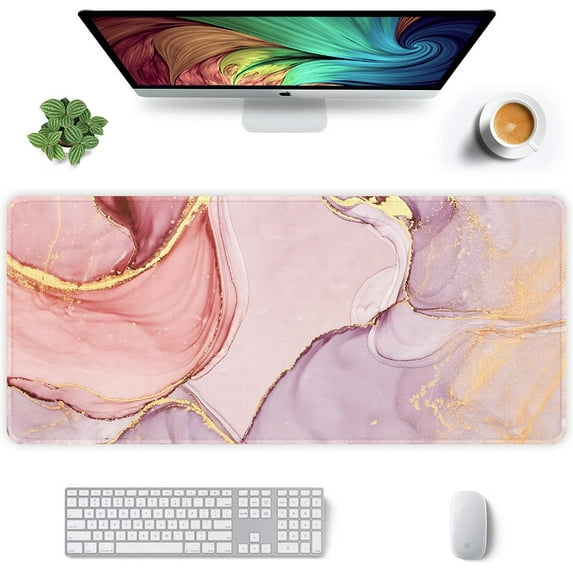 Extended Mouse Pad, XXL Gaming Mouse Pads, Large Big Mousepad Laptop Computer Keyboard Mat Desk Pad with Non-Slip Base and Stitched Edge for Gaming Office, 35.5 x 15.7 inch, Pink Marble