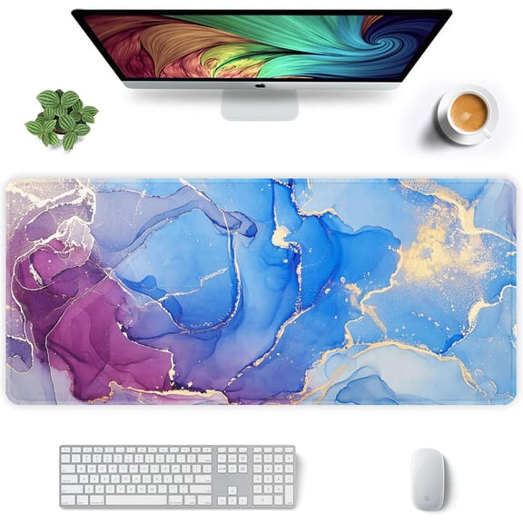 Extended Mouse Pad, XXL Gaming Mouse Pads, Large Big Mousepad Laptop Computer Keyboard Mat Desk Pad with Non-Slip Base Stitched Edge for Gaming Office, 35.5 x 15.7 inch, Blue Purple Marble