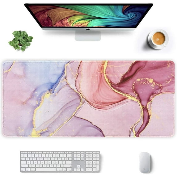 Extended Mouse Pad, XXL Gaming Mouse Pads, Large Big Mousepad Laptop Computer Keyboard Mat Desk Pad w/Non-Slip Base and Stitched Edge for Office Gaming, 35.5 x 15.7 inch, Pink Marble