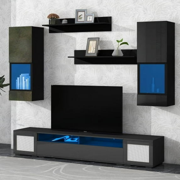 Extended, Rattan Style Entertainment Center, 7 Pieces Floating TV Console Table for TVs Up to 90'', High Gloss Wall Mounted TV Stand with Color Changing LED Lights for Home Theatre, Black