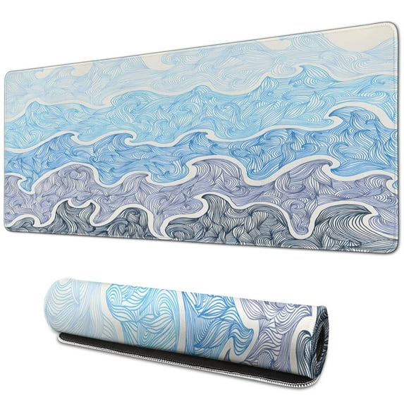 "Extended Size Gaming Mouse Pad: Non-Slip, Stitched Edges, Japanese Wave Design, Large Desk Mat 31.5 x 11.8 Inches"
