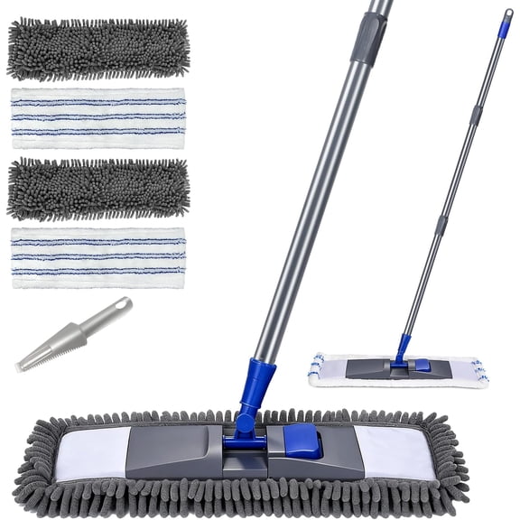 Extended Telescopic Handle Microfiber Flat Mop with Reusable Pads and Cleaning Scraper for Hard Floor Surfaces