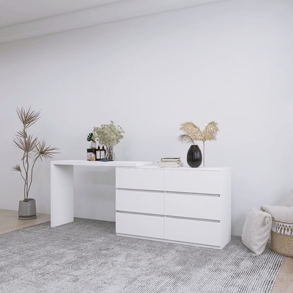Extended Vanity Table Set with 6 Drawers, Wood Display Shelf Makeup Desk Set, Rectangular No Handle Vanity Desk