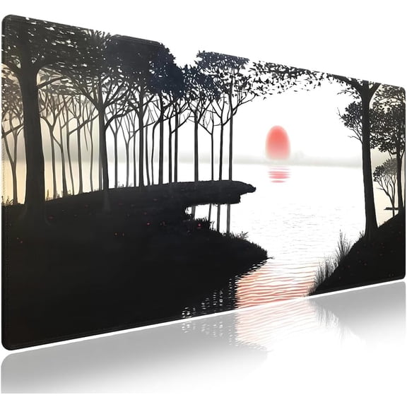 Extended XXL Gaming Mouse Pad with Stitched Edges for PC Home & Office - Mystic Glassy Lake Sunrise Views Dawn Breaks Misty Nature Landscape, Smooth Fabric Surface Anti-Slip Base Large Desk Mat