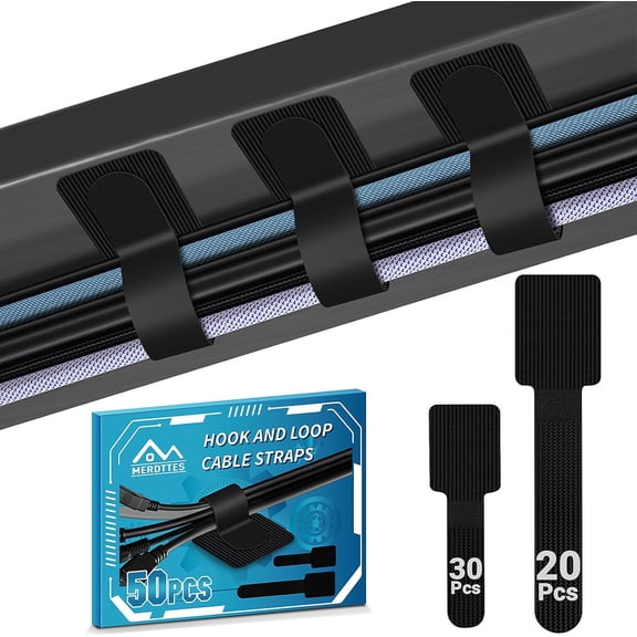 Extended hook loop cable ties, heavy-duty self-adhesive cable ties, under desk cable management, adjustable wire organization cable clips, suitable for home and office supplies, 50 pieces