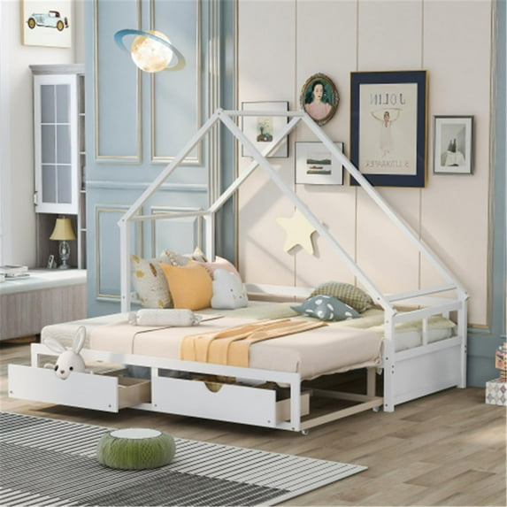 Extending Daybed Frame with Two Drawers, No Box Spring Needed, Space Saving Design, White