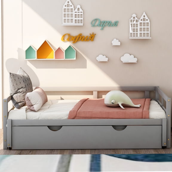 Extending Daybed with Trundle, Twin to King Size Convertible Daybed, Space Saving Wooden Sofa Bed for Guests, Solid Pine Frame, No Box Spring Needed, Gray