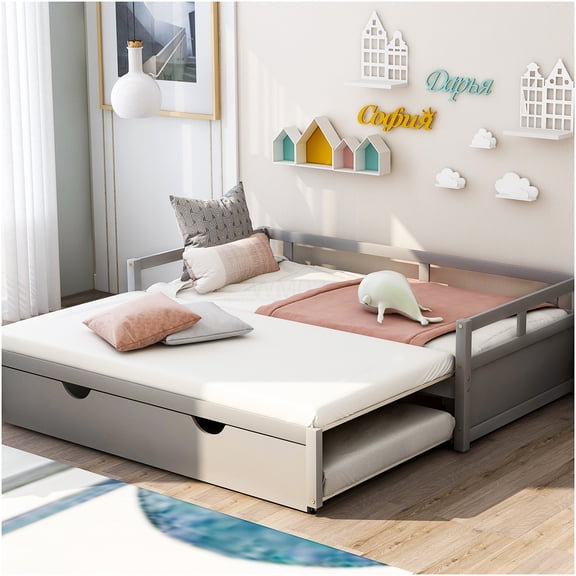 Extending Trundle Daybed, Convertible Twin to King Size Bed Frame with Storage, Sturdy Wood Platform