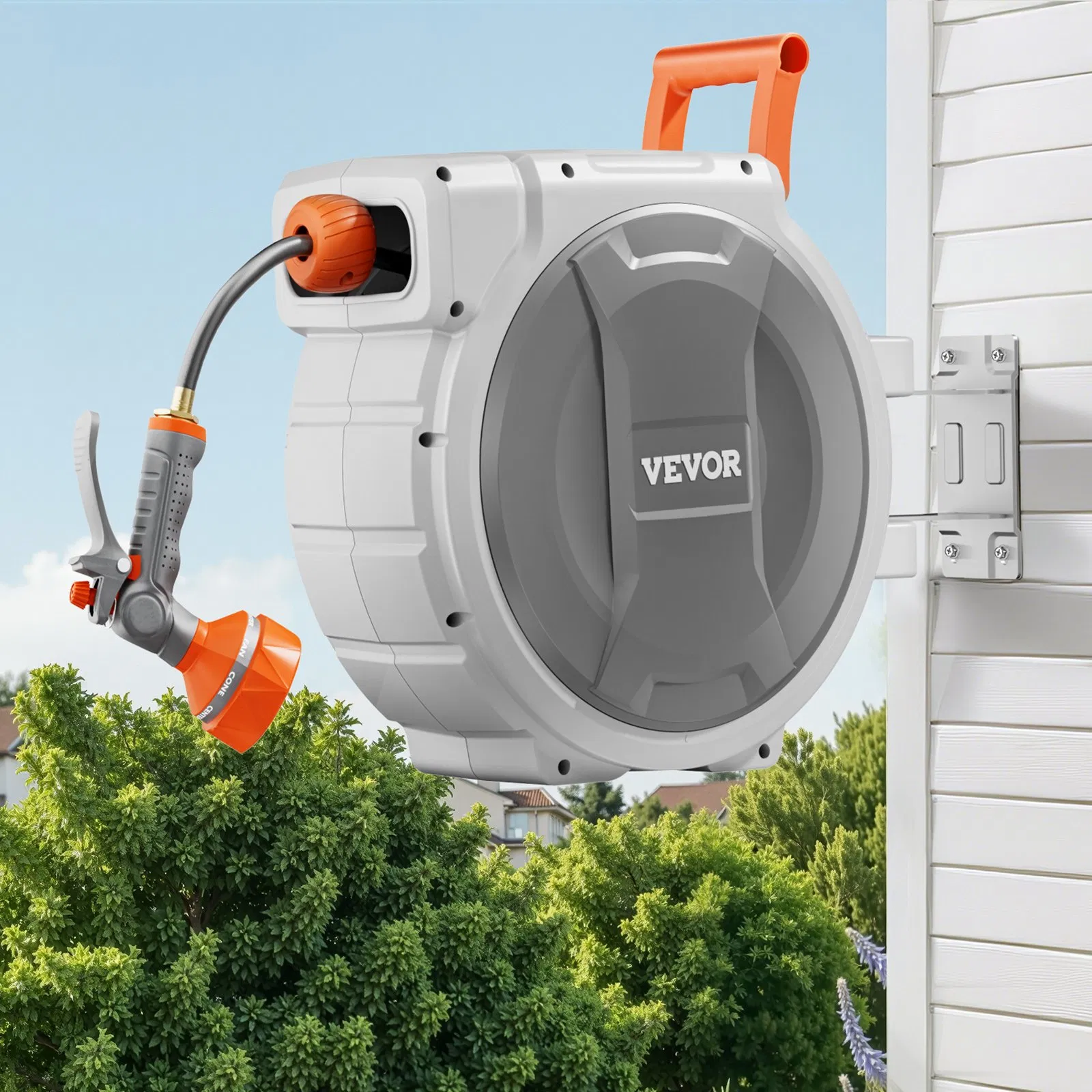 Extensible garden hose reel, wall-mounted hose reel, with 9 pattern nozzles, adjustable length lock, upgraded slow return system, suitable for watering and car washing