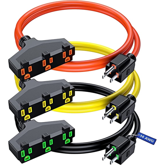 Extension Cord 1.5 Feet, SJTW Extension Cord with Multiple Outlets, 14 Gauge (Orange, Yellow, Black, 3 Pack) ETL Listed