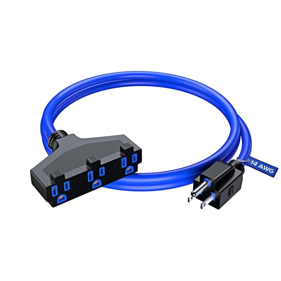 Maximm 1 Foot Extension Cord, 3 Outlet Power Splitter, 14 Gauge SJTW Heavy Duty Indoor Power Cable, Blue