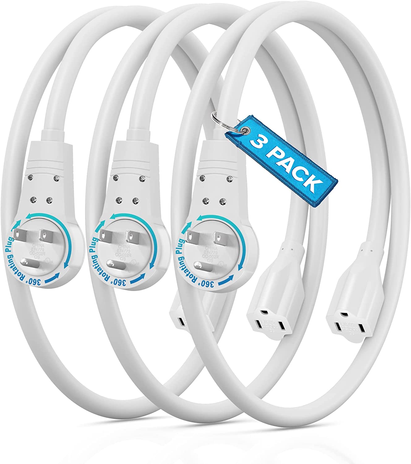 Extension Cord 1 Foot White Flat Plug, 360° Rotating Short Power Cord