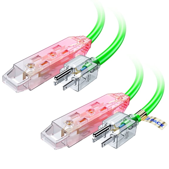 Extension Cord 1 ft, (2 Pack) Extension Cord with Multiple Outlets and Lit Ends,16 Gauge (Green) ETL Listed