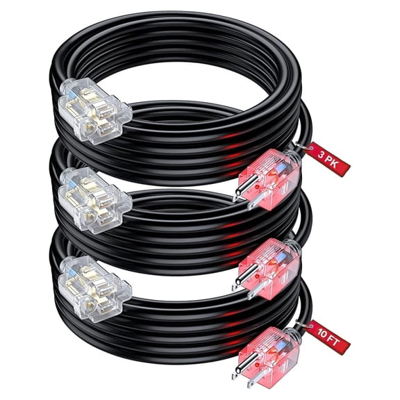 Extension Cord 10 Feet (3 Pack) Heavy Duty Outlet Saver, ETL Listed, 16AWG/13A, 3 Prong - Clear Lighted Male Plug, Black