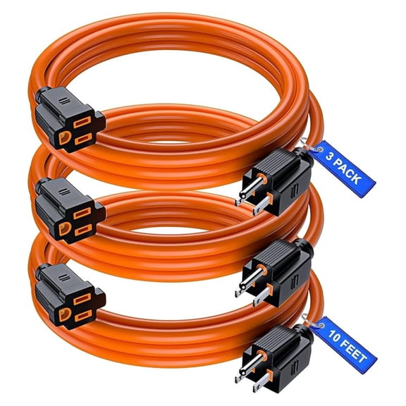 Extension Cord 10 Ft, 3 Pack Orange Power Cords Indoor 16 Gauge Wire SJTW Heavy Duty ETL Listed (10Ft, Orange, 3 Pack)