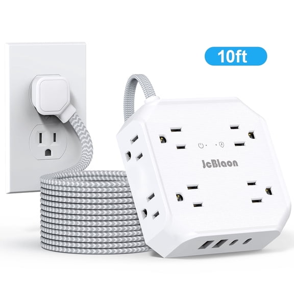 Extension Cord 10 Ft, New Surge Protector with 8 Outlets Extender 4 USB Ports (2USB C), Large Desk Power Strip with Long Cord, Flat Plug, Wall Mount for Office Home College Dorm Essentials, White