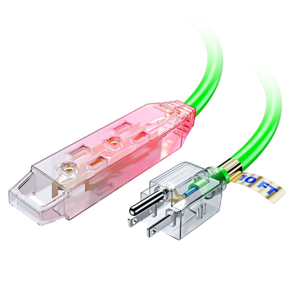 Extension Cord 10 ft, Extension Cord with Multiple Outlets and Lit Ends,16 Gauge (Green) ETL Listed