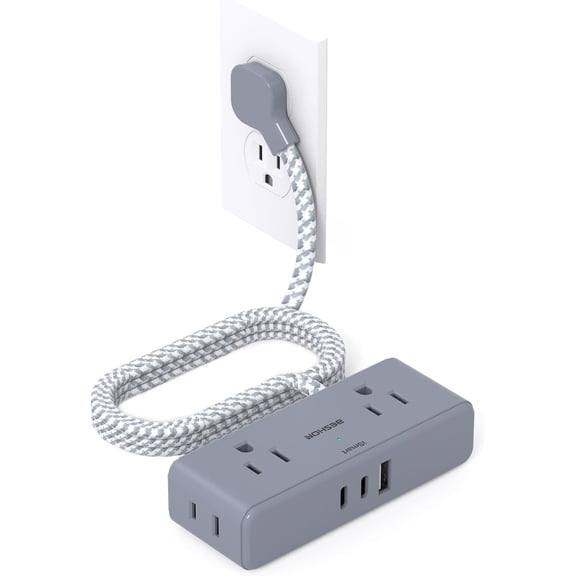 Extension Cord 10 ft, Flat Plug Power Strip, 4 Widely Outlets with 3 Ports (2 C), Extension Cord with Multiple Outlets for , Office, Dorm Room Essentials Gray
