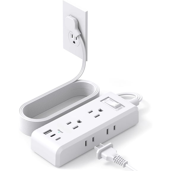 Extension Cord 10 ft,  Flat Plug Power Strip with 6 Outlets and 3  Ports (2  C), -Thin Extension Cord, Wall Mountable, Long Cord for College Dorm Room, Office  Essentials