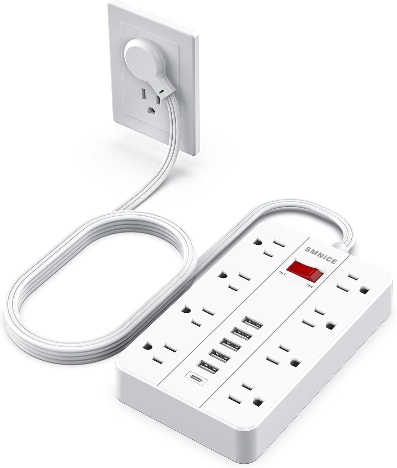 Extension Cord 10 ft - Long Power Strip Sur Protector, 6 AC Outlet 4 ...