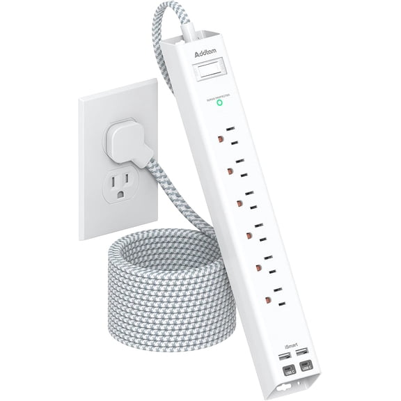 Extension Cord 10 ft - Long Power Strip Surge Protector, 6 AC Outlet 4 USB (2 USB C), Flat Plug, Wall Mount, Multi Plug Outlet Extender Desk Charging Station for Home Office Dorm Room Essentials