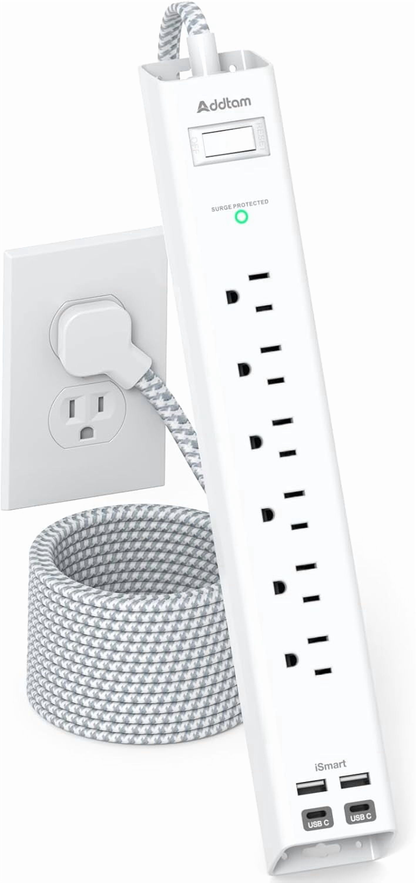Extension Cord 10 ft - Long Power Strip Surge Protector, 6 AC Outlet 4 USB (2 USB C), Flat Plug, Wall Mount, Multi Plug Outlet Extender Desk Charging Station for Home Office Dorm Room Essentials