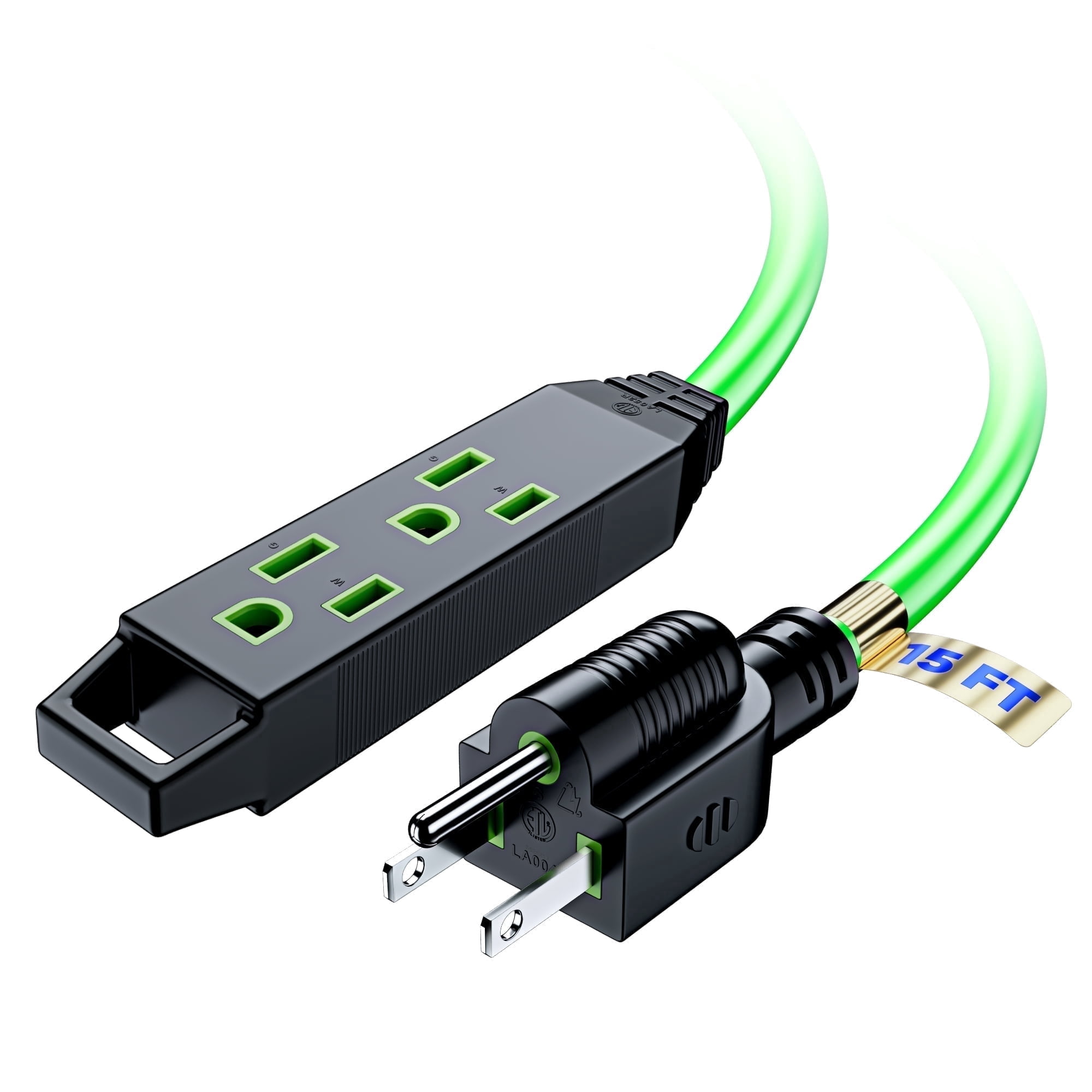 Extension Cord 15 ft, Extension Cord with Multiple Outlets, 16 Gauge (Green) ETL Listed